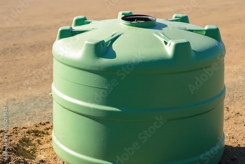 A Large Green Water Tank Sitting in the Middle of a Dirt Field - Generative AI