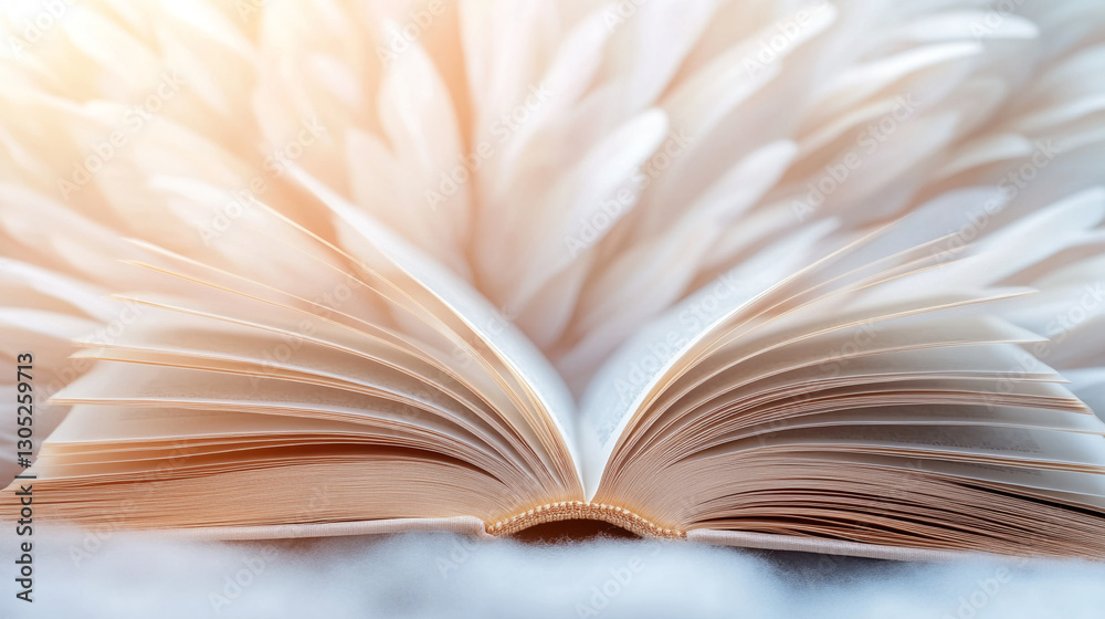 Fototapeta premium Open book with angelic white feather wings