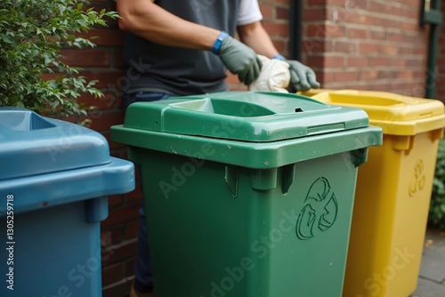 A Man Standing Next to a Green Blue and Yellow Trash Can - Generative AI