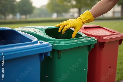 A Person in Yellow Rubber Glove Picking up Trash From a Blue Green and Red - Generative AI