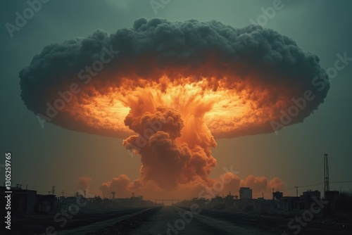 A Large Mushroom Cloud in the Sky Over an Empty Road - Generative AI