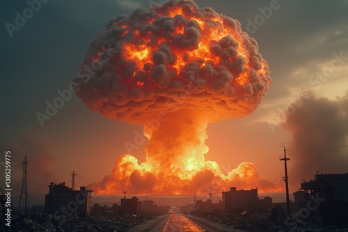A Large Mushroom Cloud in the Sky Over a Road - Generative AI