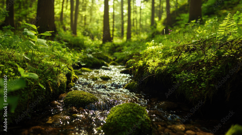 Serene Forest Stream Flowing Through Lush Greenery in Fall Serene Forest Stream Flowing Through Lush Greenery in Fall