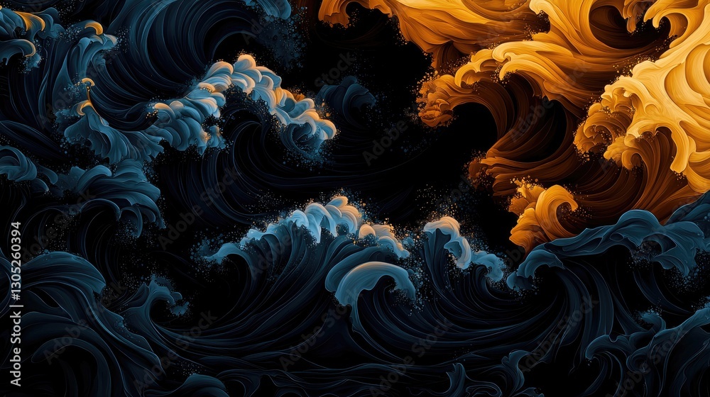 Obraz premium Abstract Waves in Shades of Blue and Gold Tones on Dark Background