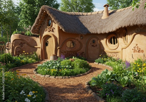 A cob house with sculpted earthen walls and a permaculture garden.


