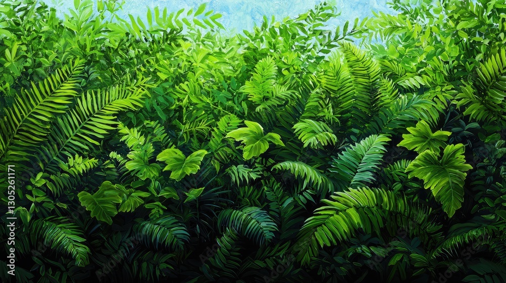 Lush Green Ferns and Leaves in Dense Natural Landscape Setting Lush Green Ferns and Leaves in Dense Natural Landscape Setting