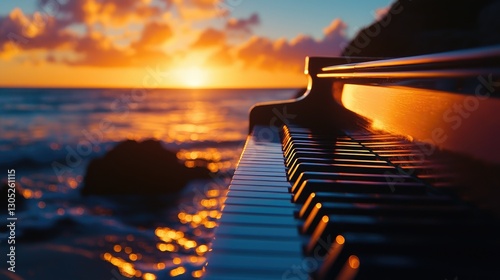 Sunset Reflection on Piano Keys by the Ocean Shoreline Horizon