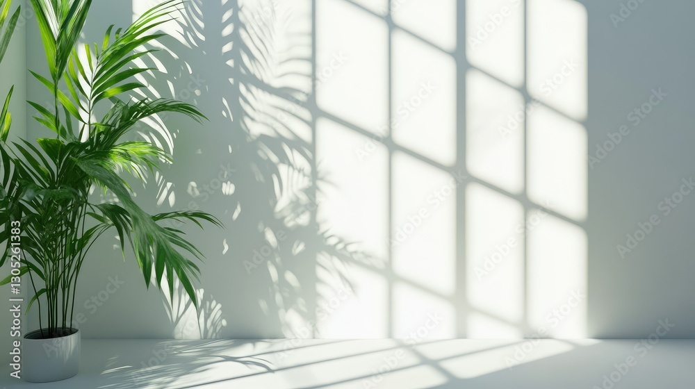Lush Green Plant Casting Serene Shadows on Sunlit Wall in Minimalist Interior Setting, Evoking Tranquility and Natural Beauty in Modern Decor Lush Green Plant Casting Serene Shadows on Sunlit Wall in Minimalist Interior Setting, Evoking Tranquility and Natural Beauty in Modern Decor