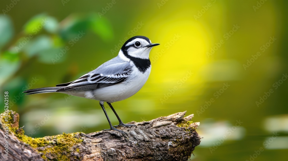 Beautiful black and white bird perched on a mossy log near a serene water surface, capturing the essence of nature in a tranquil setting, vibrant colors blend harmoniously Beautiful black and white bird perched on a mossy log near a serene water surface, capturing the essence of nature in a tranquil setting, vibrant colors blend harmoniously
