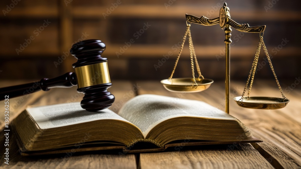 Law book, gavel, scales of justice on wooden table (1) Law book, gavel, scales of justice on wooden table (1)