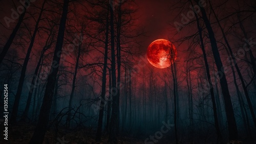 Gloomy spooky forest trees landscape with red full moon and dark red night sky background