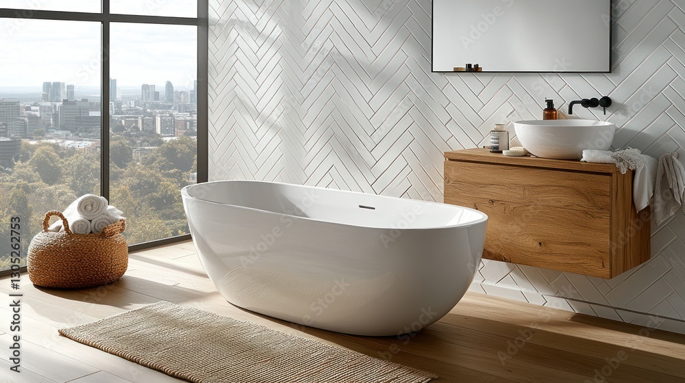 Obraz premium Modern city view bathtub in a light, spacious bathroom