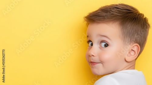 Shy young boy peeking from the side, hesitant but curious, pastel yellow background, copy space