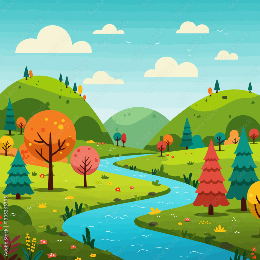 Naklejka premium Scenic River Flowing Through Green Hills with Trees and Clouds