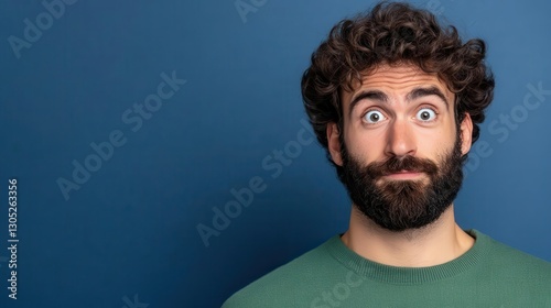 Man looking suspicious, narrowing his eyes slightly, skeptical expression, deep navy background, copy space.