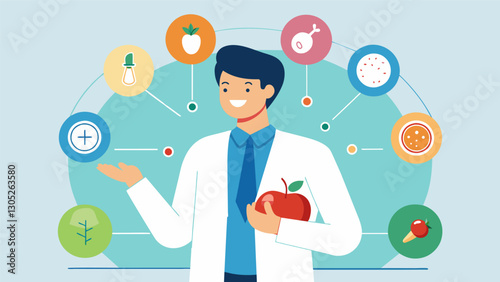 The pharmacist drawing a diagram to explain the different types of vitamins and minerals and their role in maintaining a healthy body.. Vector illustration