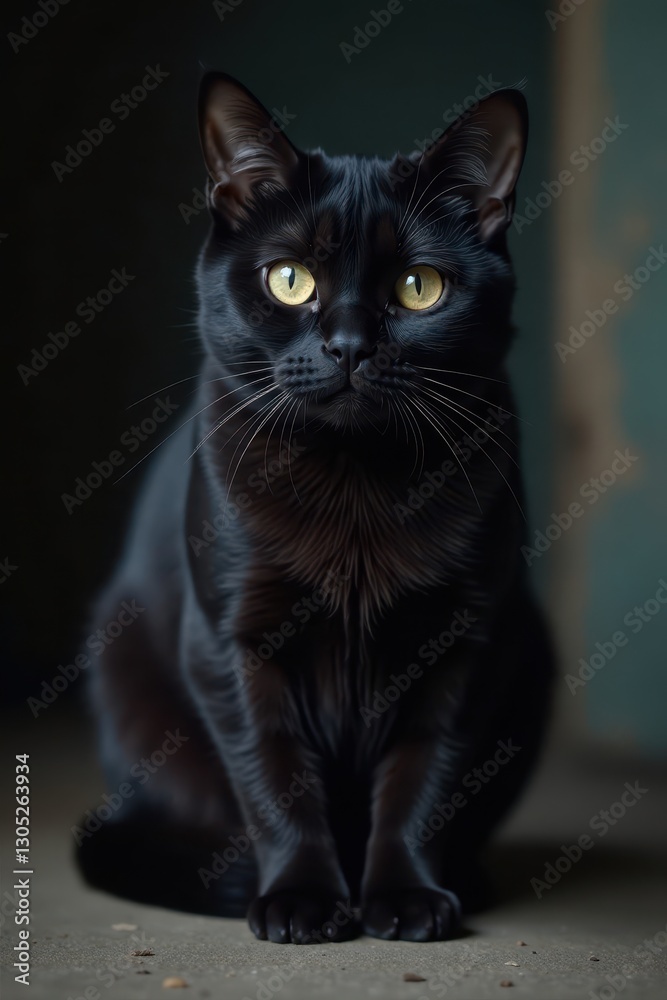 Obraz premium Hidden black cat, dark fur, barely visible, enigmatic , black background, unseen, black cat