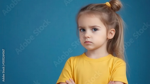 Determined little girl standing confidently, strong posture, eyes focused forward, dark blue background, copy space.