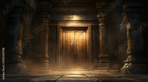 temple doorway with wooden doors slightly ajar revealing a dimly lit sacred space inside 