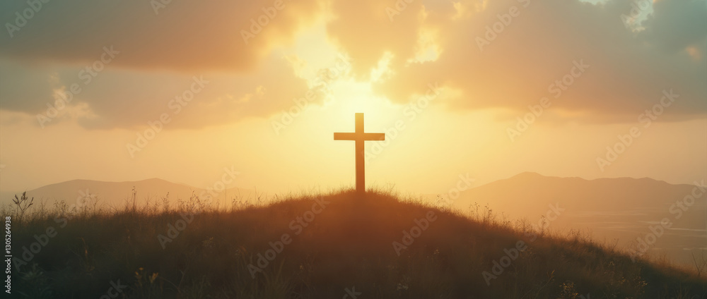Lone Wooden Cross on a Quiet Hill with a Golden Glow Lone Wooden Cross on a Quiet Hill with a Golden Glow