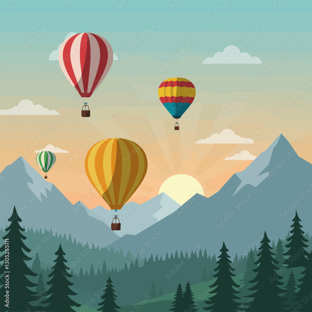 Fototapeta premium Hot Air Balloons Floating Over Mountain Landscape at Sunrise Graphic