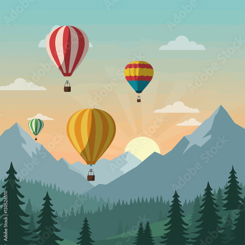 Hot Air Balloons Floating Over Mountain Landscape at Sunrise Graphic