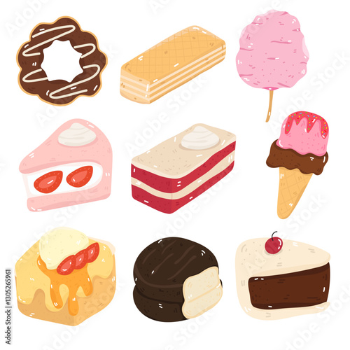 Illustration set of desserts and bakery items. Such as cakes, bread. Separate background.
