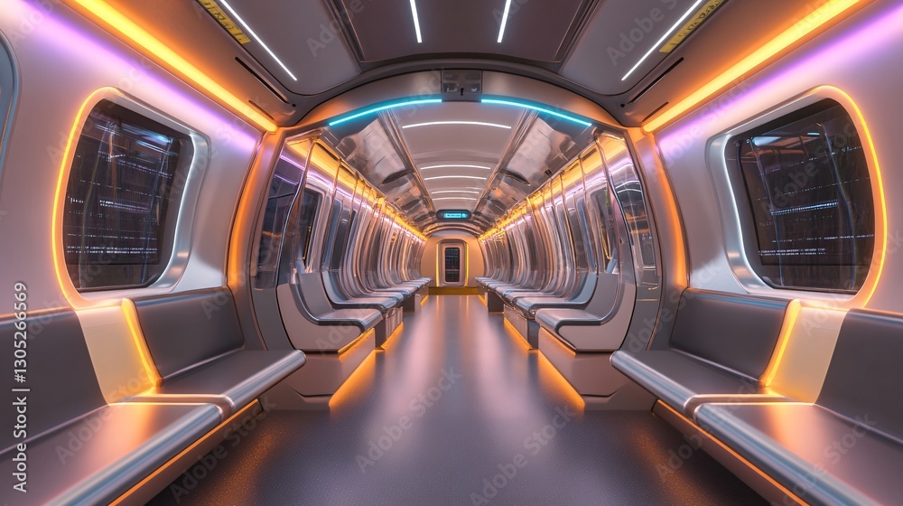 Futuristic Subway Interior with Ambient Lighting and Empty Seats Futuristic Subway Interior with Ambient Lighting and Empty Seats