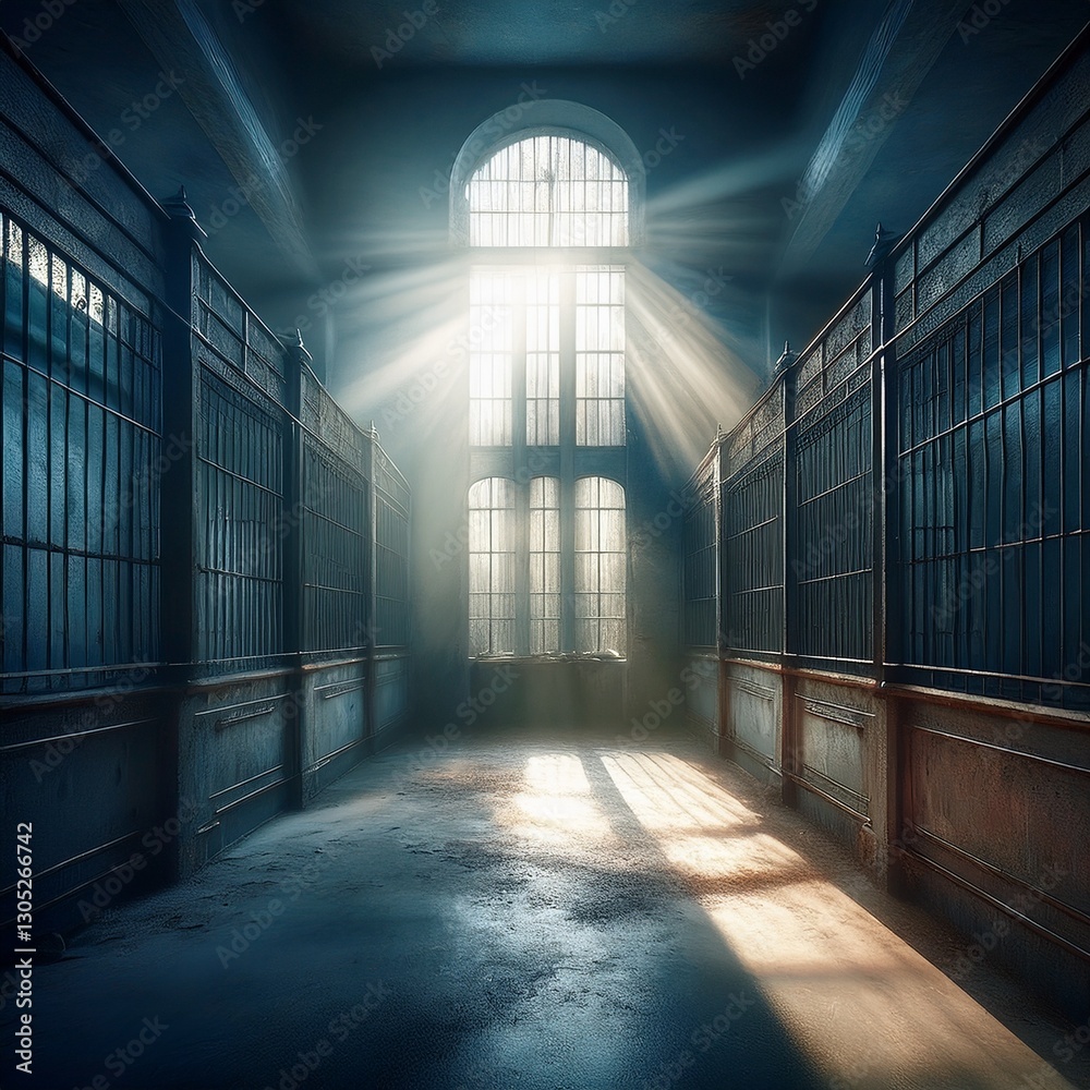 Fototapeta premium old grunge empty abandoned jail cell with sunlight streaming through bars
