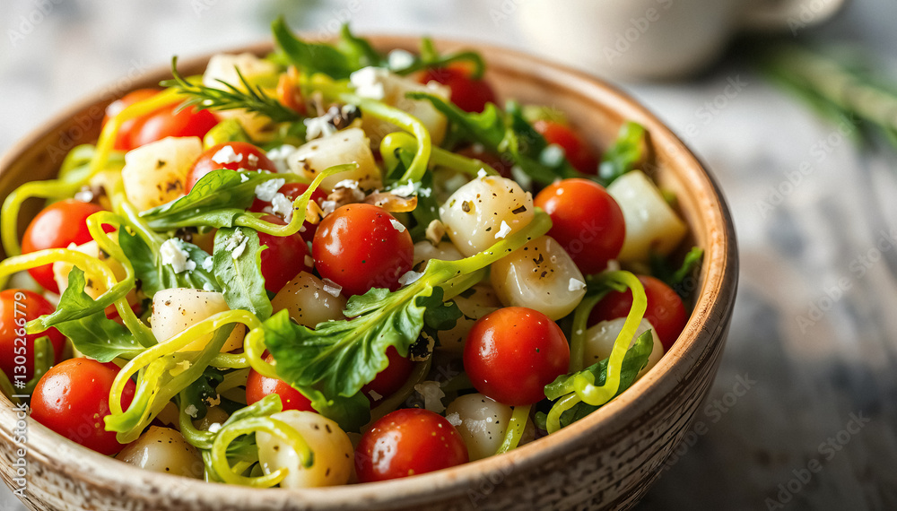 vibrant salad featuring cherry tomatoes hearts of palm arugula and yellow peppers in wooden bowl vibrant salad featuring cherry tomatoes hearts of palm arugula and yellow peppers in wooden bowl
