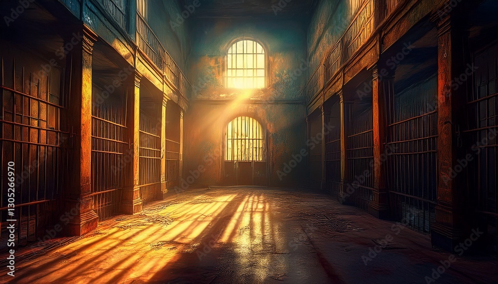 old grunge empty abandoned jail cell with sunlight streaming through bars old grunge empty abandoned jail cell with sunlight streaming through bars