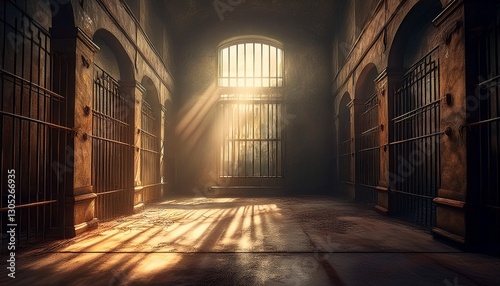 old grunge empty abandoned jail cell with sunlight streaming through bars