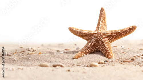 Close up star fish on sand beach isolated on white background