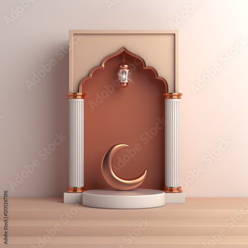 Islamic display podium decorative arch background with lantern and crescent, Ramadan Kareem eid al fitr adha, muharram, 3D illustration.	