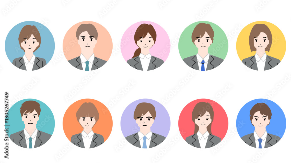 Circle icons of smiling young man and woman in suits Circle icons of smiling young man and woman in suits
