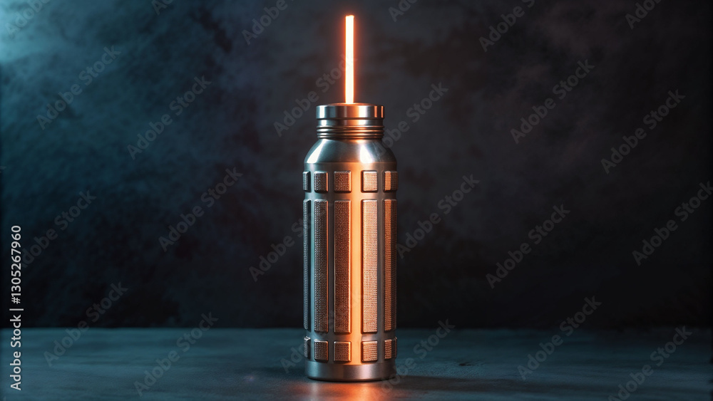 Naklejka premium Mockup of a metallic bottle with a glowing straw on a dark background