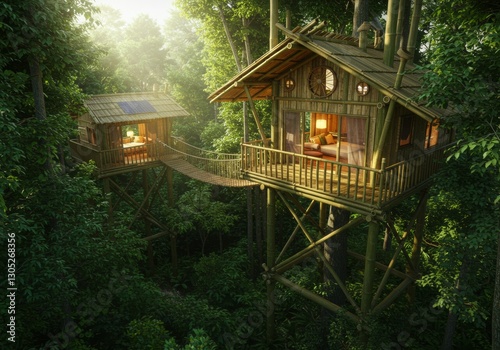 A bamboo treehouse with a rope bridge, solar lighting, and natural ventilation.

