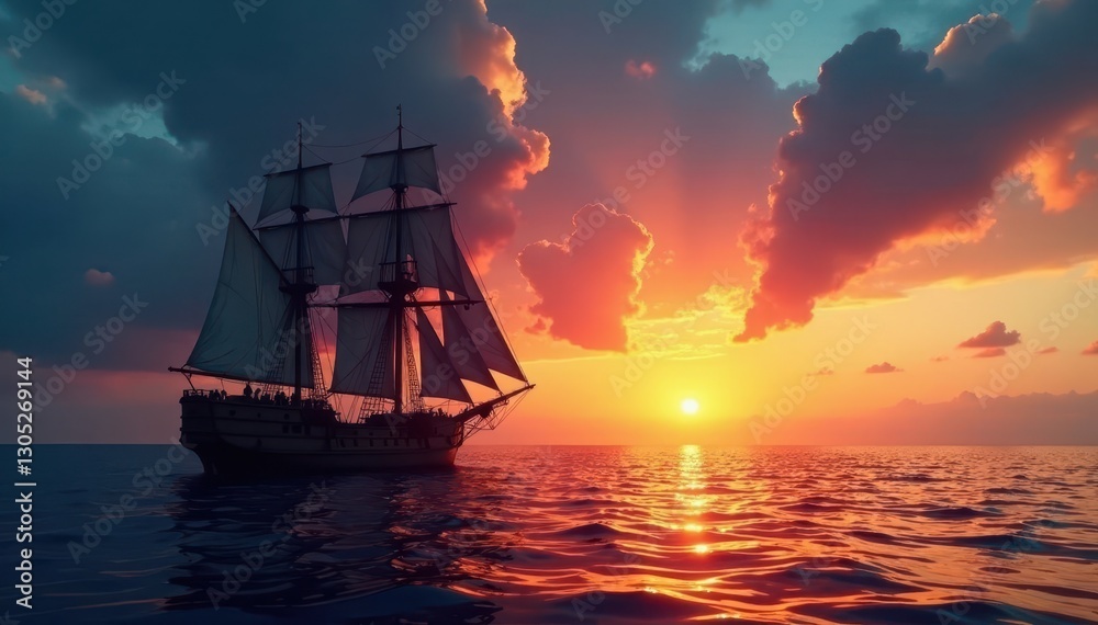 Fototapeta premium Silhouette of sailing ship against dramatic sky, sky, vector, sunset