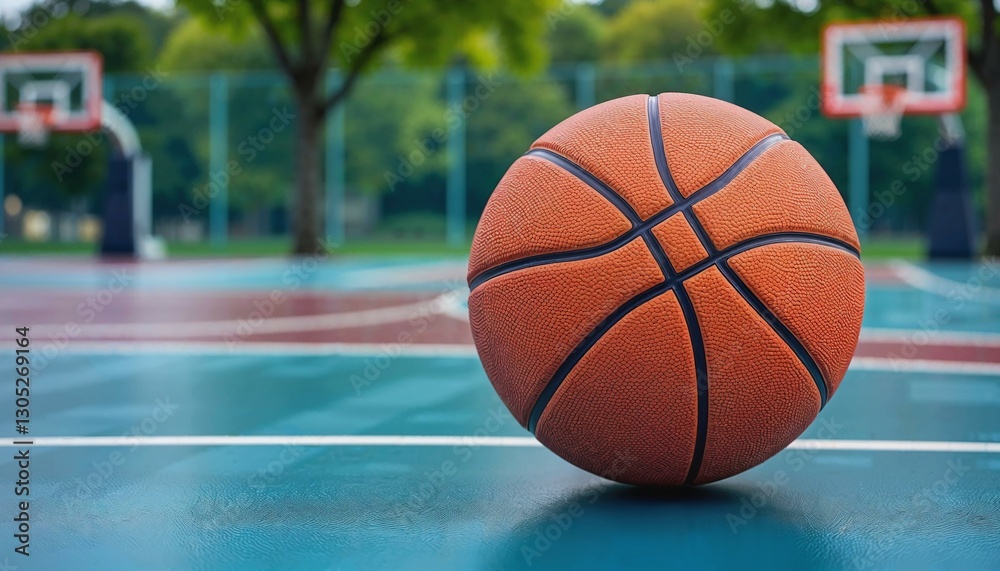 Artistic representation of a basketball resting on a polished court Artistic representation of a basketball resting on a polished court