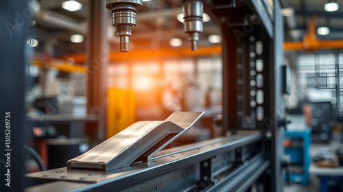 Metal products being bent on a bending machine, symbolizing precision and industrial transformation. A factory setting with a blurred modern background representing innovation and progress in manufact