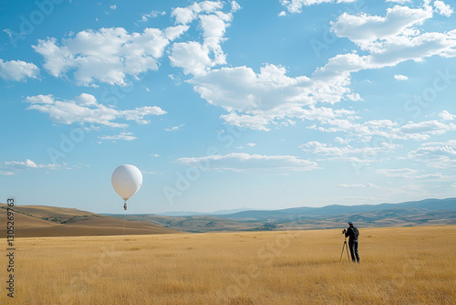 A meteorologist launching a weather balloon in a field, anticipation.