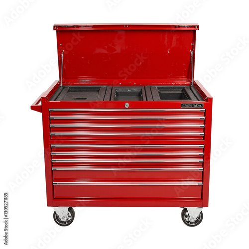 Durable red tool chest with rubber lined drawers lockable top and caster wheels for industrial and home workshop organization