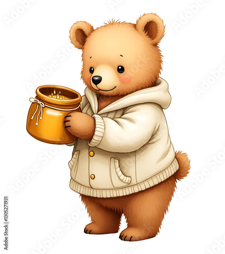 Cute little Teddy Bear  in sweater holding a pot with honey