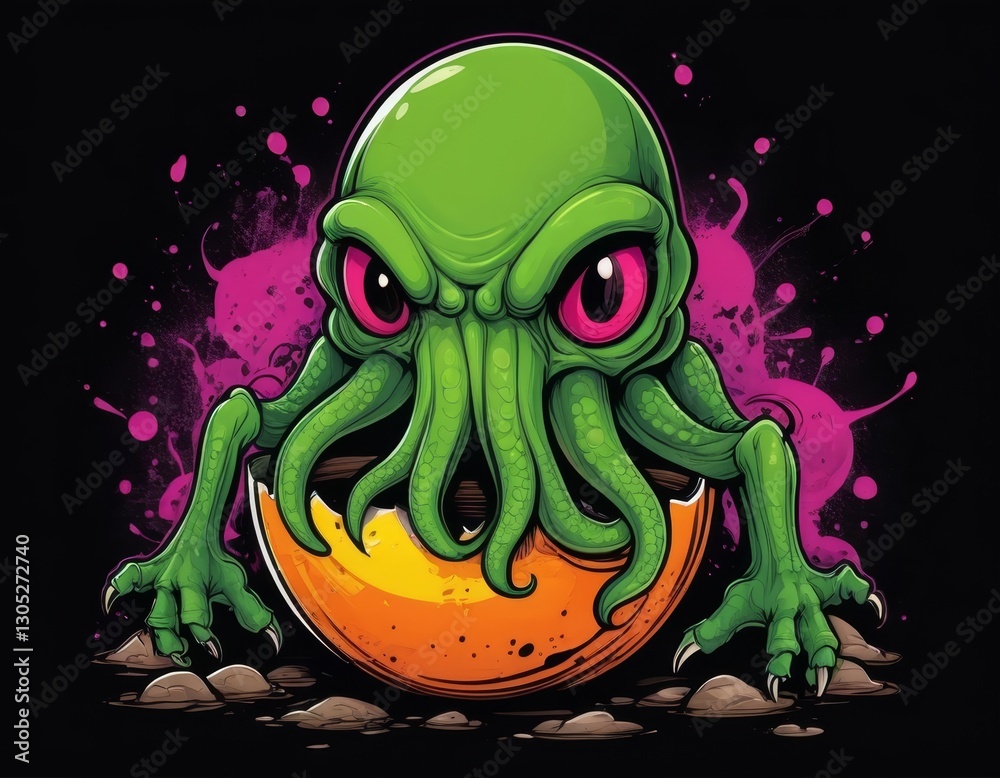 easter cthulhu hatching, cosmic horror monster, tentacle beast, dark fantasy illustration, alien octopus, neon gothic art, horror mythology design, eldritch terror concept, creepy easter egg, mytholog