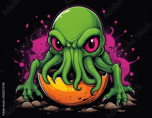 Obraz na płótnie easter cthulhu hatching, cosmic horror monster, tentacle beast, dark fantasy illustration, alien octopus, neon gothic art, horror mythology design, eldritch terror concept, creepy easter egg, mytholog w salonie