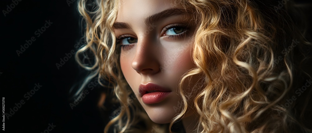 Fototapeta premium Captivating portrait of a blonde female model with dramatic curly hair mesmerizing blue eyes and a mysterious emotive expression against a dark atmospheric background This high contrast