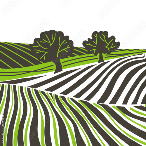 Green grass field on small hills. Meadow, alkali, lye, grassland, pommel, lea, pasturage, farm. Rural scenery landscape panorama of countryside pastures. Vector sketch line illustration
