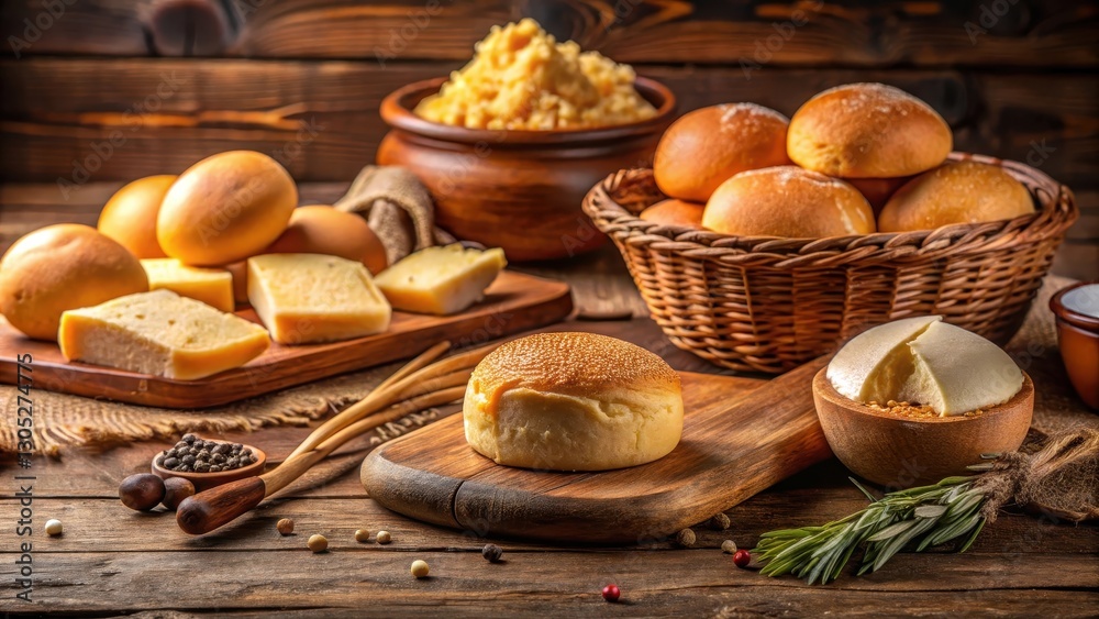 Fototapeta premium Traditional Colombian bread, pandebono, sits on a wooden table next to a wedge of cheese, surrounded by ingredients and utensils for baking , Colombian cuisine, South American culture