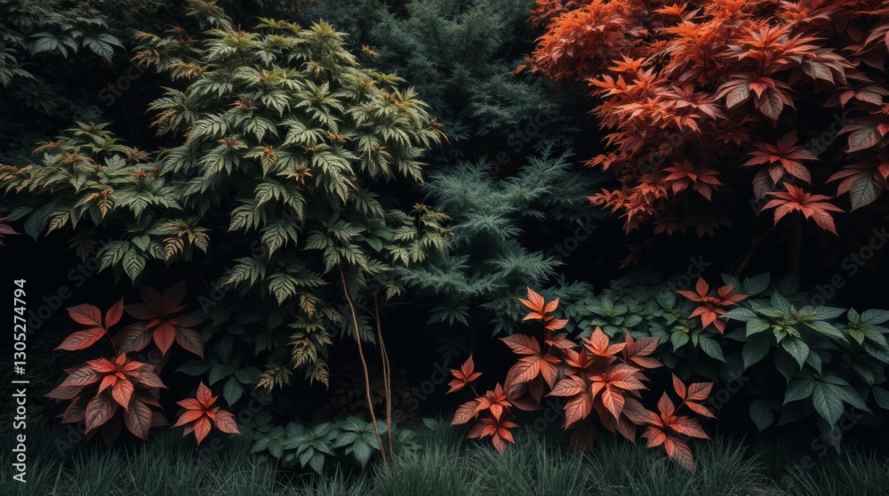 Garden Foliage: Autumn Leaves, Dark Green Plants, Natural Texture.
Garden Foliage: Autumn Leaves, Dark Green Plants, Natural Texture.