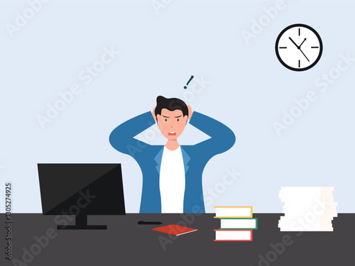 Angry, frustrated businessman or office employe working at office on computer. Office worker tired of work and screaming. Tired employee with mental burnout. cartoor, vector and illustration.